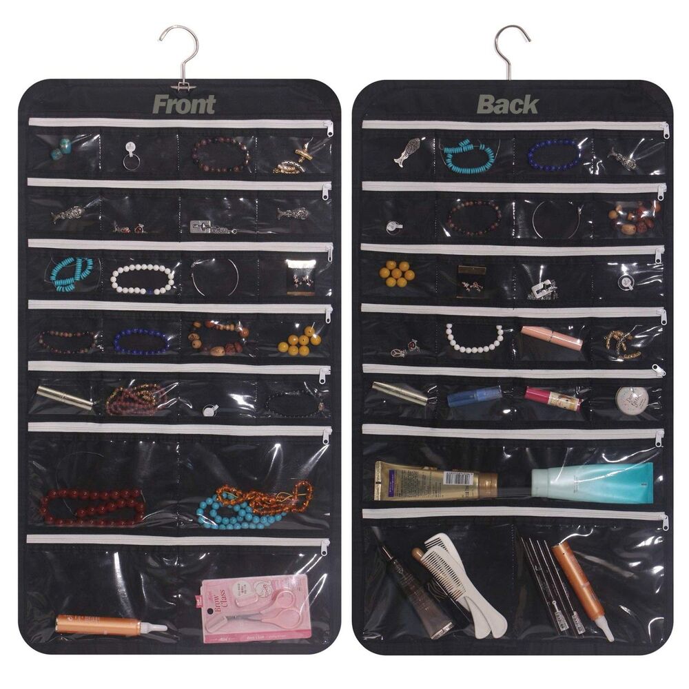 Black Hanging Jewelry Organizer w/ 47 Zippered Pockets